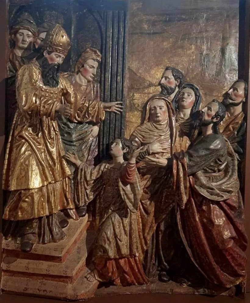 “Presentación de la Virgen en el Templo”. Altorrelieve de madera policromada por Martín Alonso de Mesa y Juan García Salguero para el retablo de la Iglesia de la Purísima Concepción (1617-1627). Museo del Palacio Arzobispal de Lima.