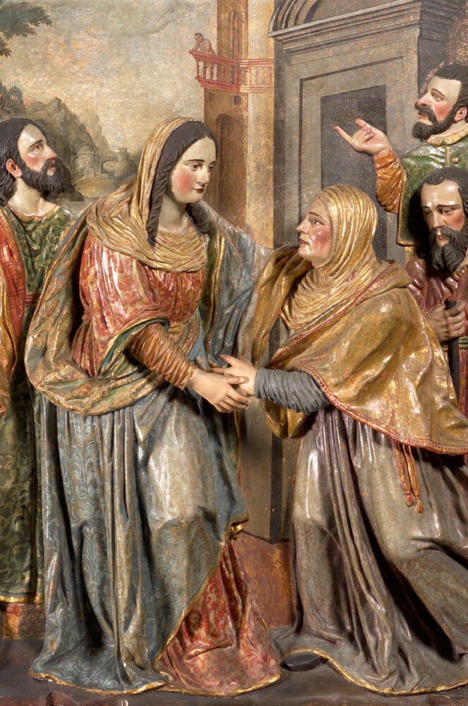 “La Visitación”. Altorrelieve de madera policromada por Martín Alonso de Mesa y Juan García Salguero para el retablo de la Iglesia de la Purísima Concepción (1617-1627). Museo del Palacio Arzobispal de Lima.